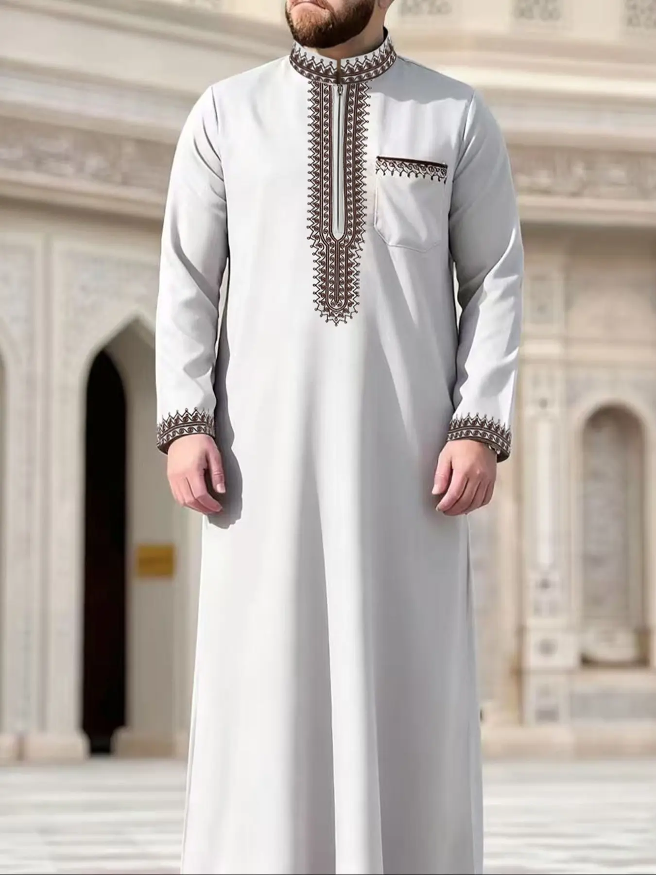 Muslim Men's Long thobe Islamic Loose Stand Collar Long Sleeve Embroidered Robe Prayer Festival Wear Traditional Arabic Clothing