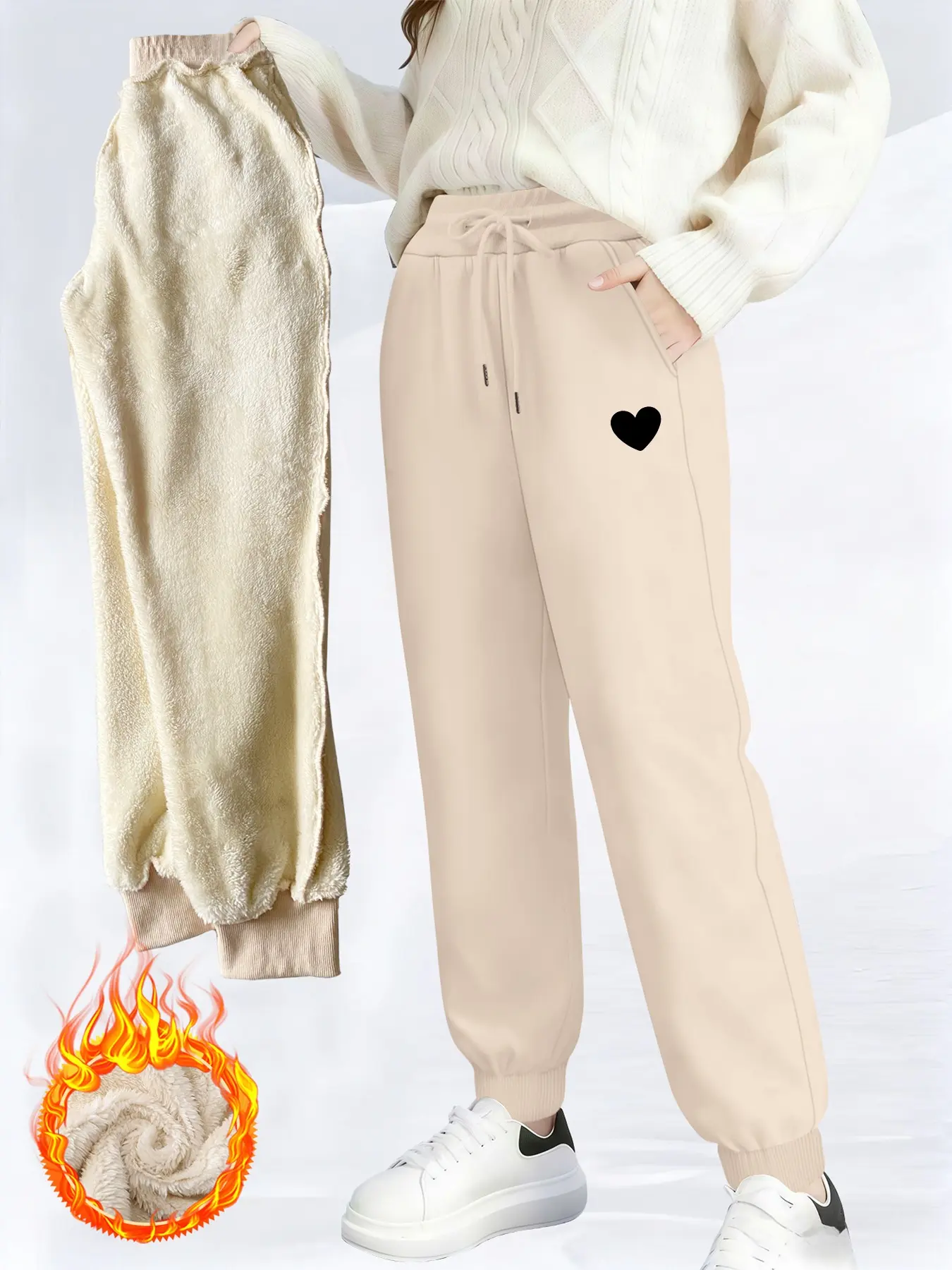 1PC Black Heart Graphic Fleece Lined Joggers High Waist Drawstring Cuffed Warm Pants
