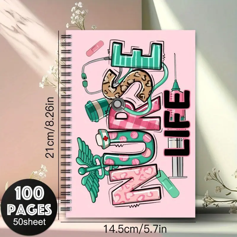 1 Nurse Life Spiral Notebook - Pink Medical Theme Design with Stethoscope and Syringe Patterns, 100 Pages, Suitable for Nursing Students, Graduates, and Professionals - Perfect Thank You Gift for Nurses - Aesthetic Notebook Spiral Journal