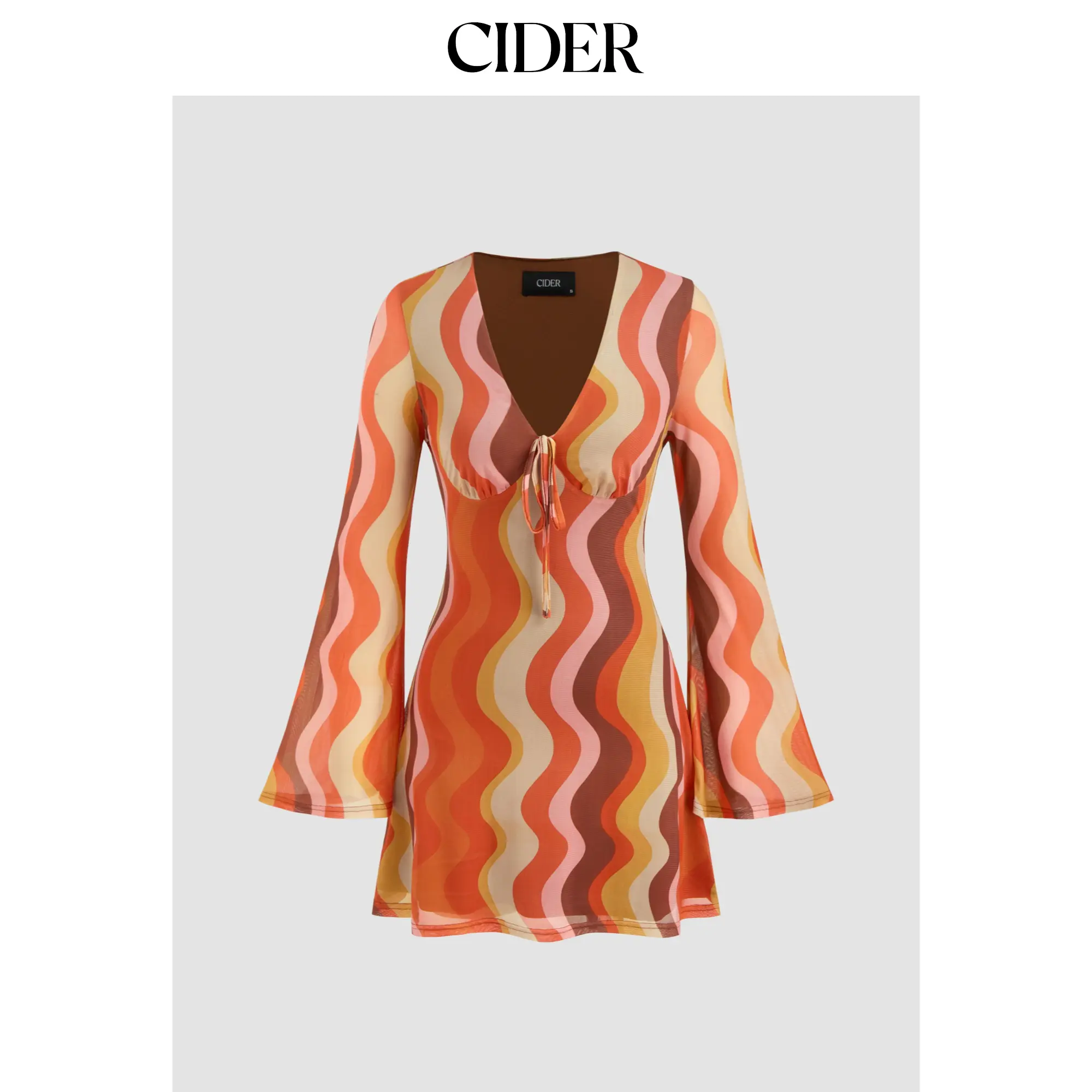 Womenswear Casual Mesh V-neck Abstract Pattern Knotted Mini Dress, 2 Colors, Size 0-10 SohoChic