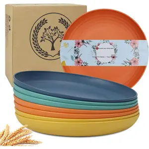 Deep Dinner Plates Set of 8 Alternative for Plastic Plates Microwave and Dishwasher Safe Wheat Straw Plates for Kitchen Unbreakable Kids Plate Set with 4 Colors (Classic Bright, 9 inch)