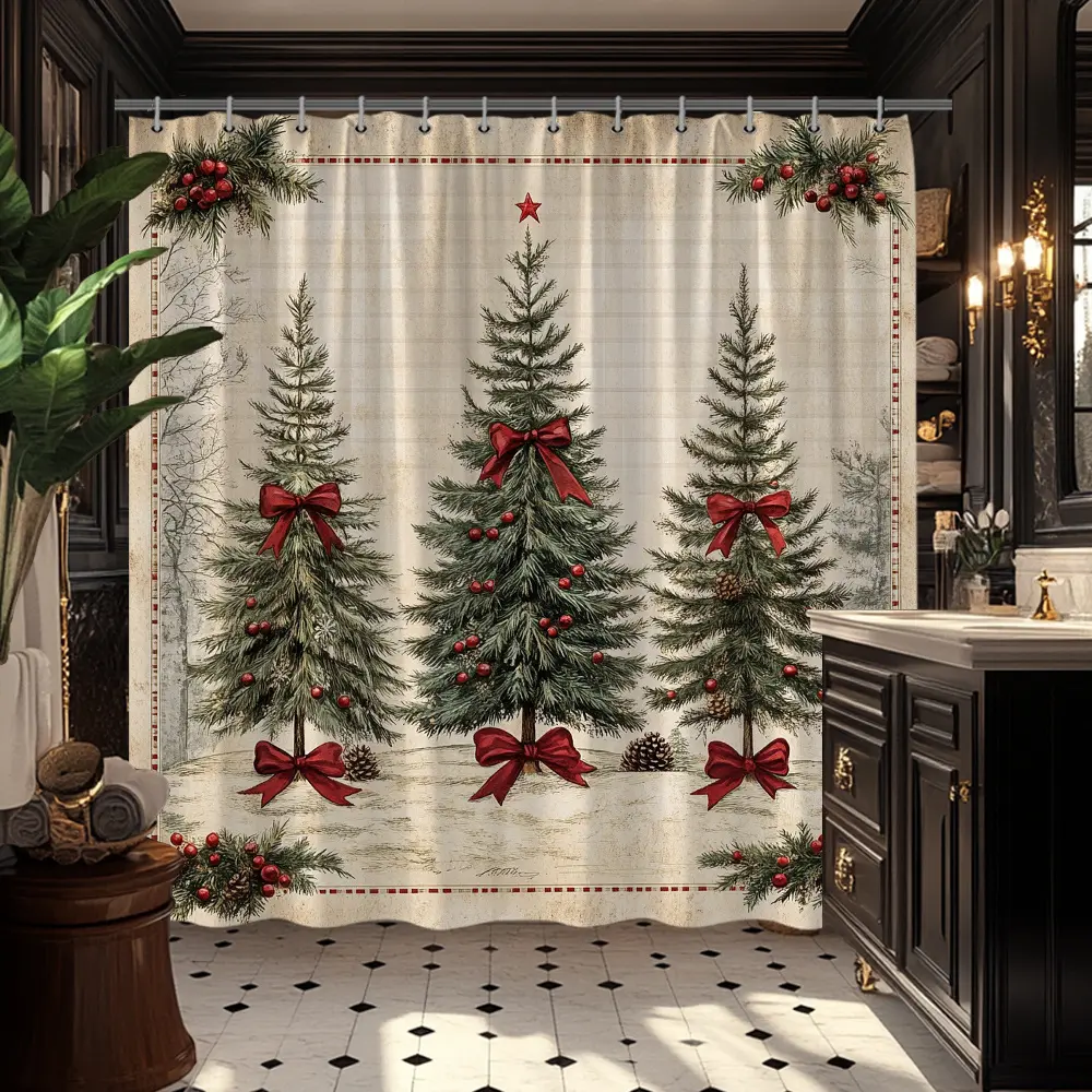 Handorio 72*72inches 1pc Christmas Shower Curtain with Vintage Christmas Tree and Red Bow Rustic Farmhouse Bathroom Decoration Bathroom Hanging Curtain with 12 Hooks