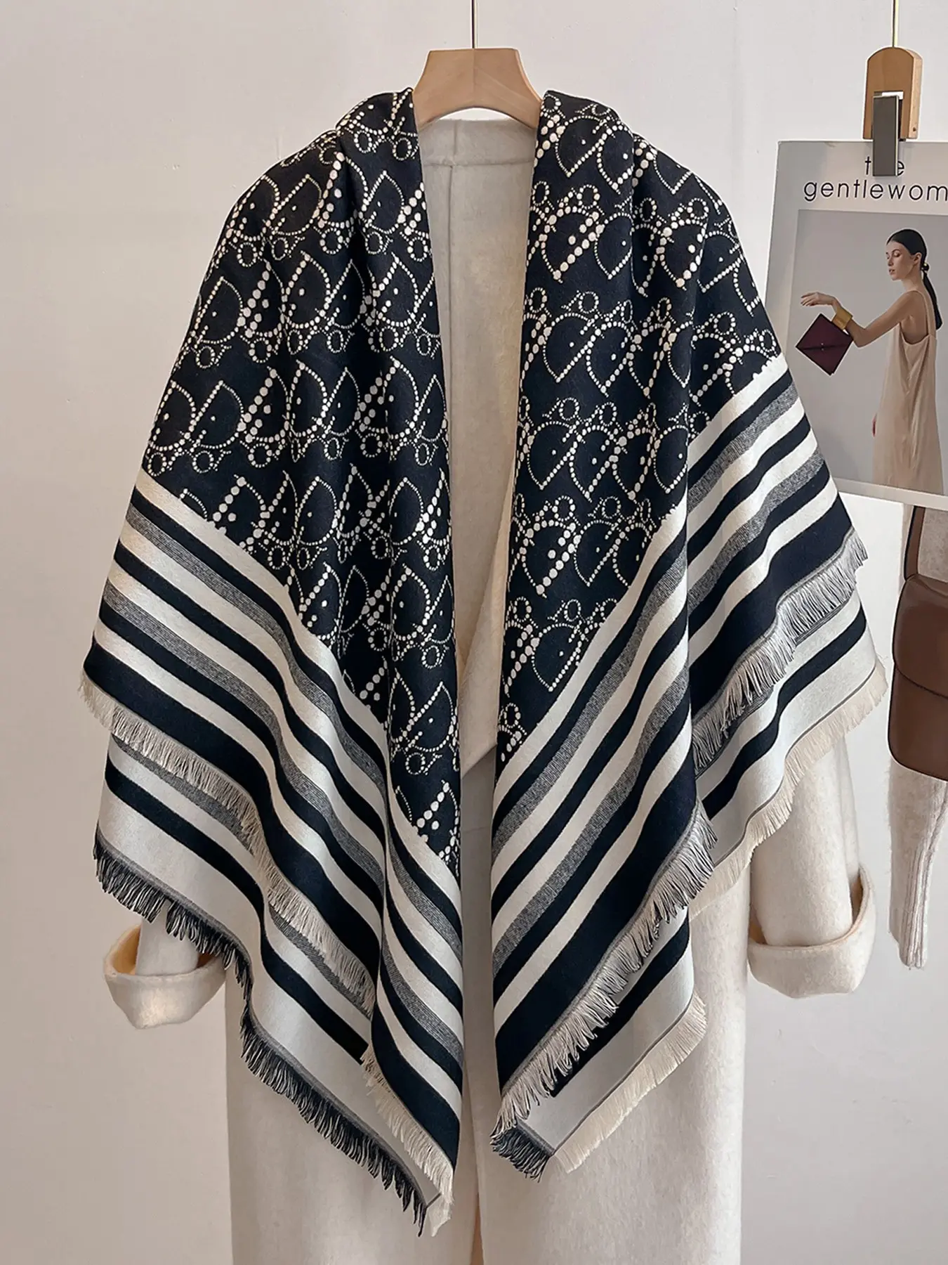 Women's Elegant Shawl Scarf, All-Over Print, Double-Sided Design, Warm Winter Outdoor Wrap, High-Quality Imitation Cashmere