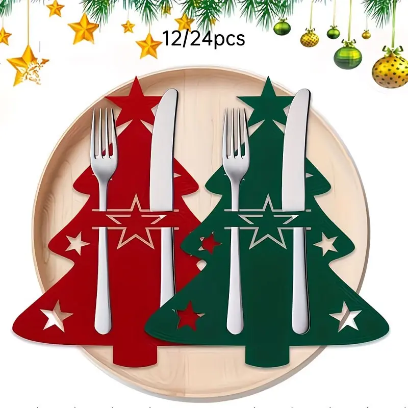 12/24pcs Christmas Tree Felt Place Mats, Fork and Spoon Mats, Holiday Table Decor, Family Party Supplies, Multi-Use, and
