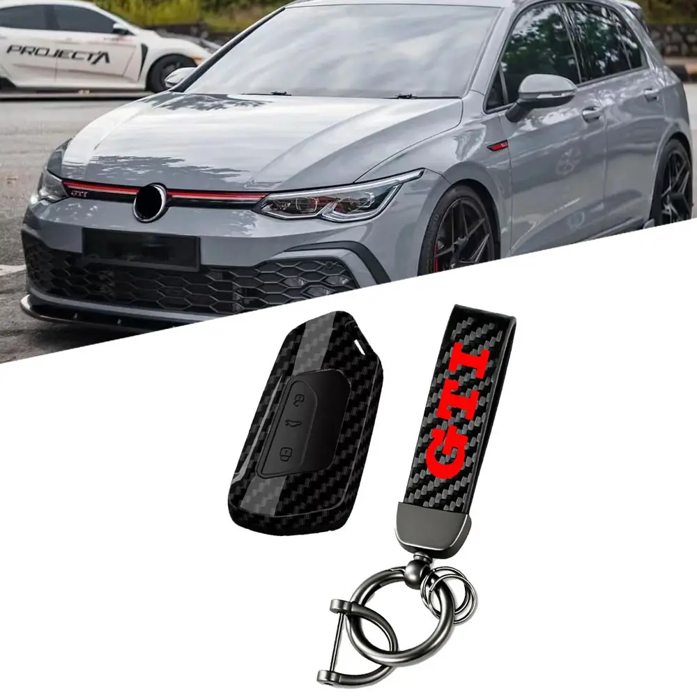 Carbon Fiber Style Car Key Case with Keychain for VW Volkswagen Golf 8 MK8 GTI, Protective Key Fob Cover, Durable Anti-Scratch Shell, Car Key Accessory, Car Key Protector