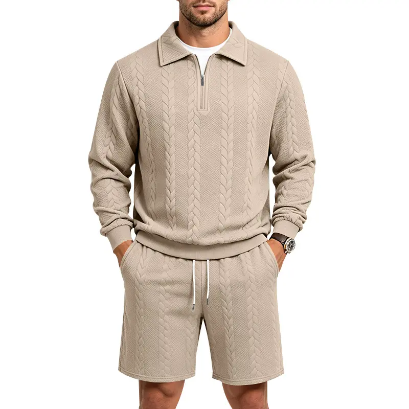 Men’s Textured Jacquard Knit Polo Shirt and Shorts Set, Long Sleeve Half Zip Collar Top with Matching Casual Shorts, Relaxed Fit Two Piece Outfit, Lightweight Comfortable Streetwear Set for Daily Wear, Travel, Vacation and Weekend