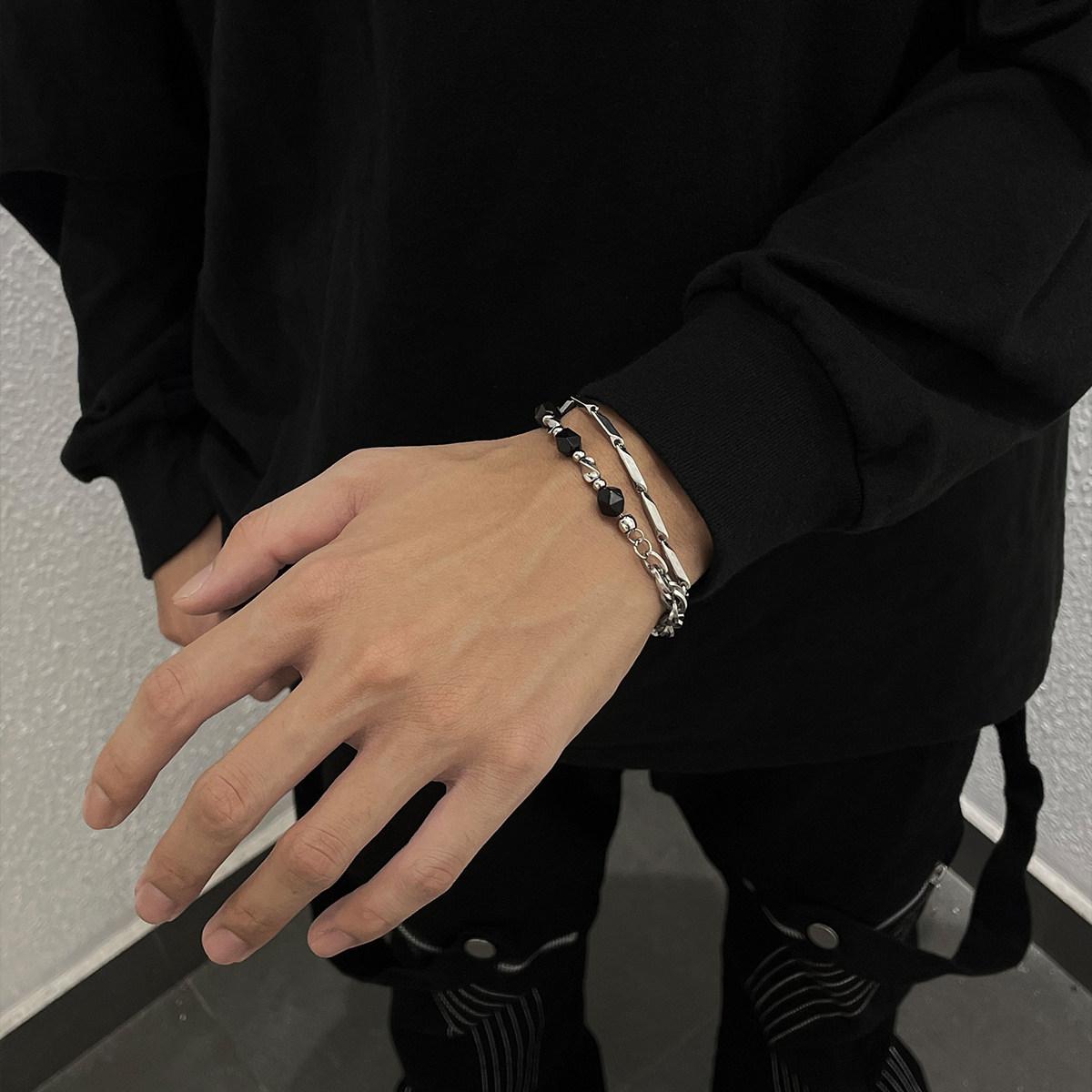 Obsidian & Titanium Steel Double Layer Bracelet |     Light Luxury Premium Men's Hand Jewelry, Unique Minimalist Style, Couple Bracelet