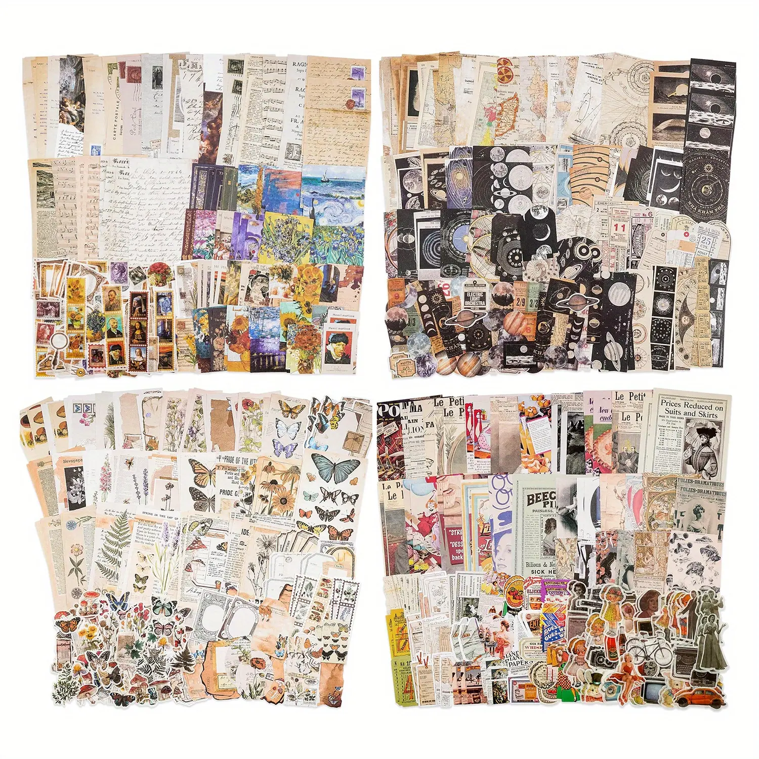 Retro Scrapbook Supplies Set, including 4 sets, 800 stickers and paper, suitable for ruins diary/planner aesthetic handmade paper sticker set, retro style
