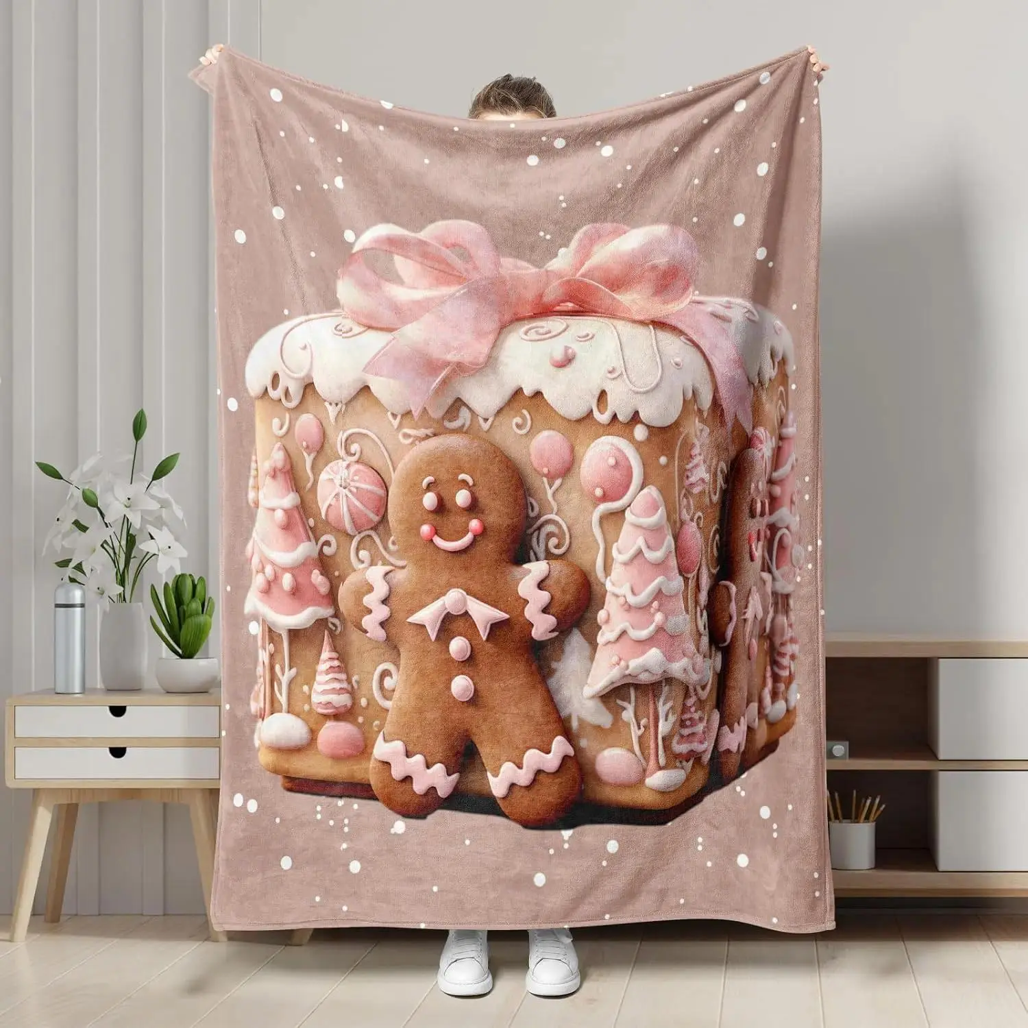 [SummerVibes] JOOCAR Christmas Throw Blanket Gingerbread Man Box Cartoon Sanwfall Pink Soft Flannel Indoor Decorations Comfort Blankets For Healing Living Room Bedroom Fluffy Pink Christmas Decor Christmas Bedding