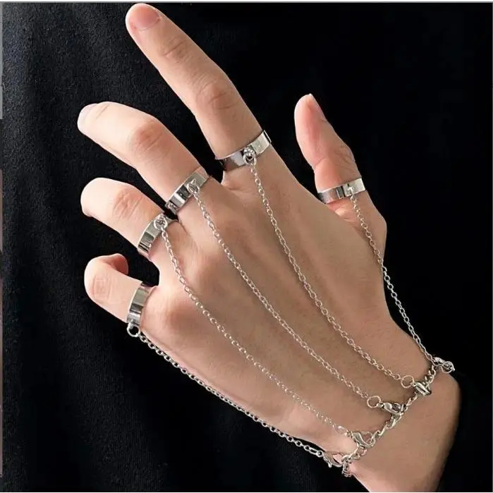Gothic Punk Hand Chain Bracelet with Finger Rings, 5 Connected Slave Bracelet, Minimalist Adjustable Link Chain Jewelry for Women, Party & Daily Wear