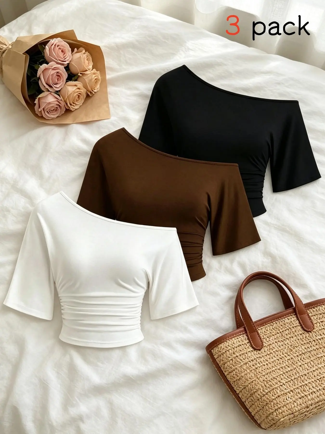 Women's Asymmetrical Off-Shoulder Short Top, Pleated Waist Short Sleeve Slim Fit T-Shirt, Casual Off-Shoulder Short T-Shirt Set of Three