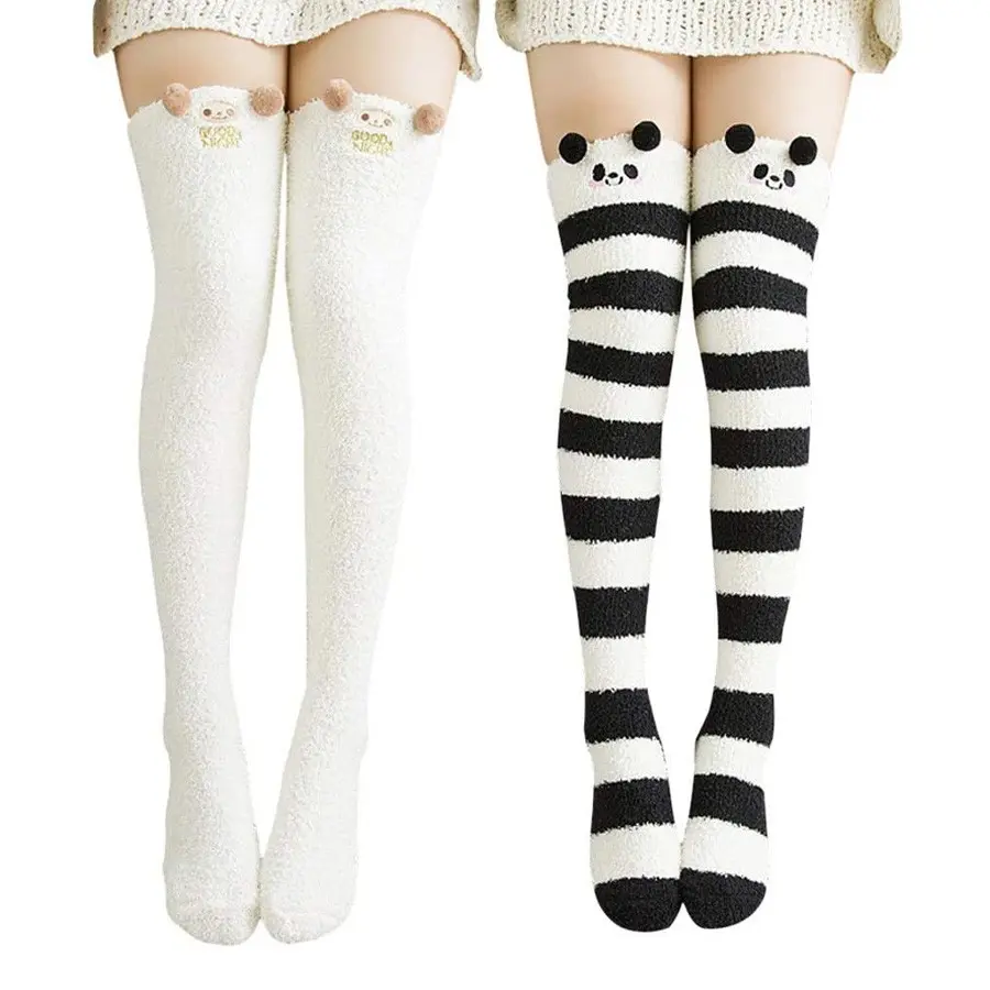 1 Pair Cute Fuzzy Coral Fleece Over The Knee Socks Horizontal Striped Fluffy Thigh High Stockings Super Soft Warm Long Leg Cover Kawaii Foot Hosiery For Women JK Skirt Indoor Daily Winter Outfit Casual Stylish Socks