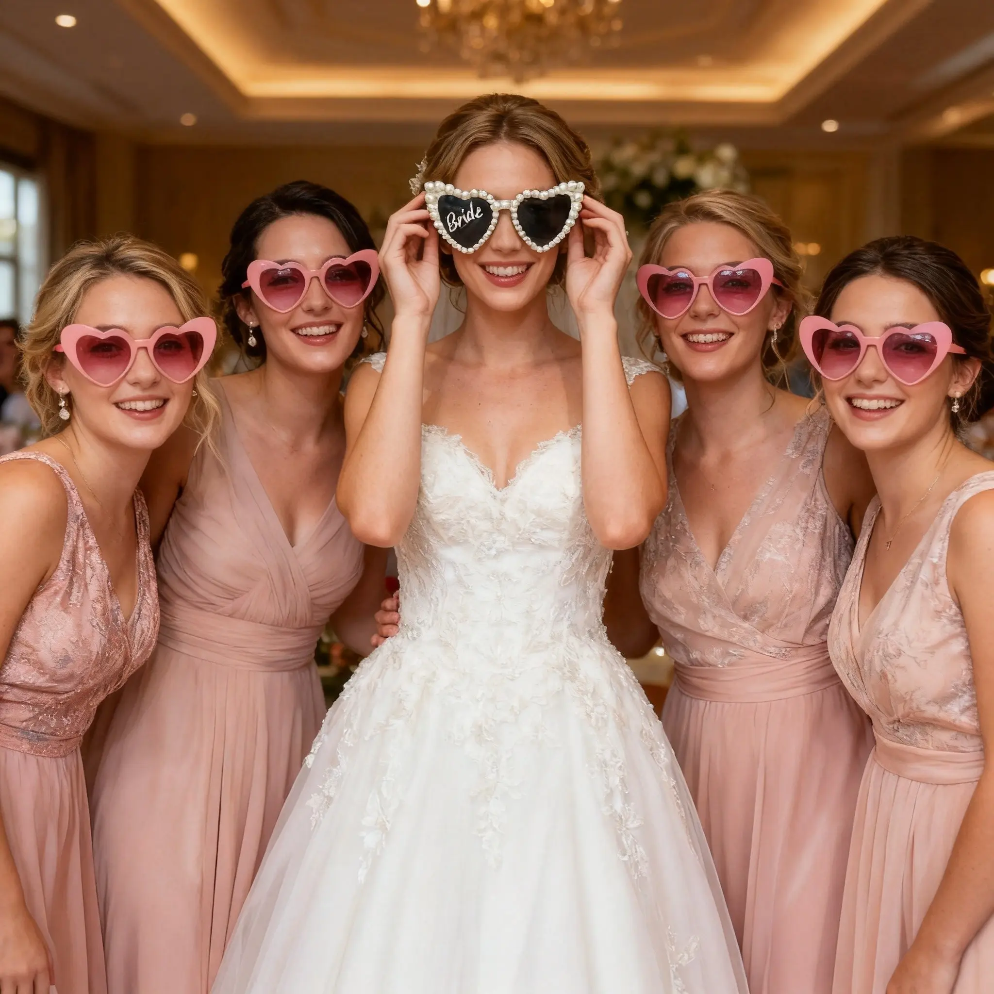 Heart-Shaped Glasses Set (1 Bride Pair + 5 Bridesmaid Pairs), Sweet Retro Style, Pearl Decorated Bride Pair, Gradient Bridesmaid Pairs, Bride Sunglasses