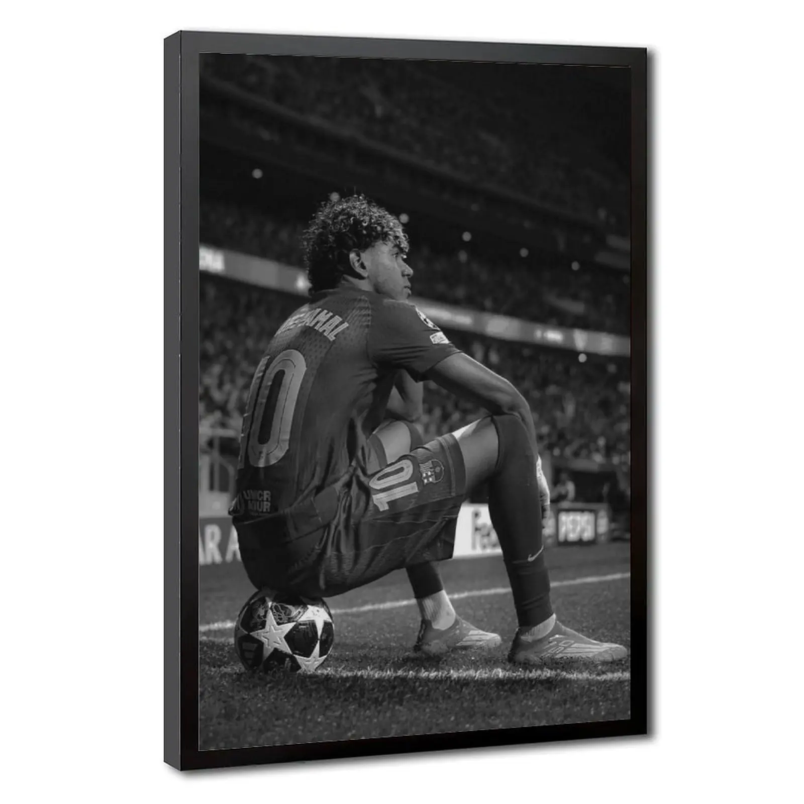 Lamine Yamal Pensive Pose Framed Canvas Wall Art Print, Minimalist Hanging-Ready Home Decor with Clips, Plexi Glass & UV-Resistant Finish for Man Cave