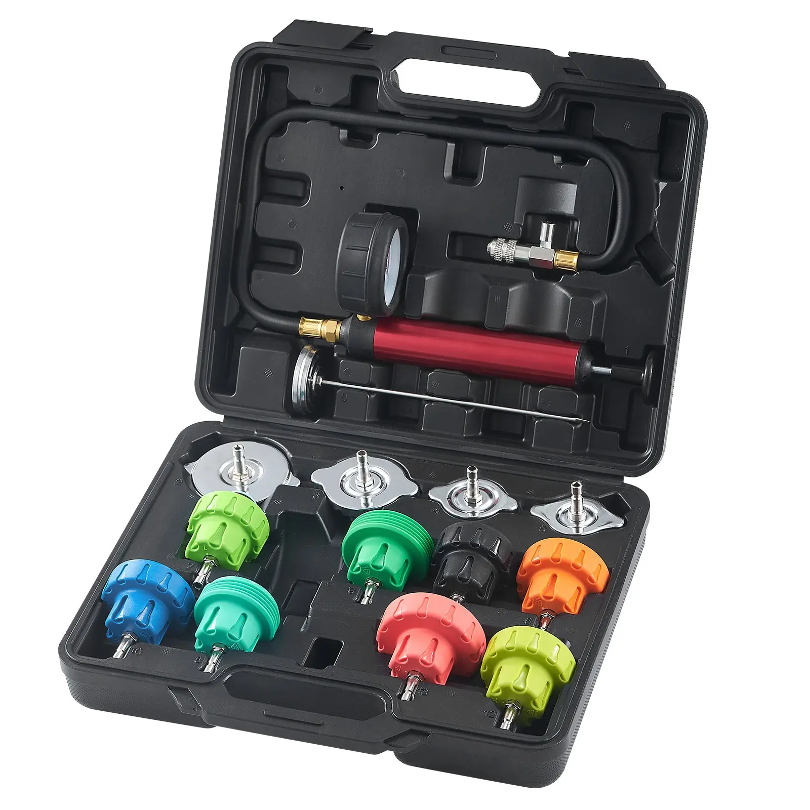 VEVOR 14-Piece Universal Radiator Pressure Tester Kit - Manual Pump, Color-Coded Steel Test Cap Adapters, Thermometer, Rubber Components, Compact Portable Toolbox for 0-35 psi Cooling Test, Pressure Check on Cars, Motorcycles