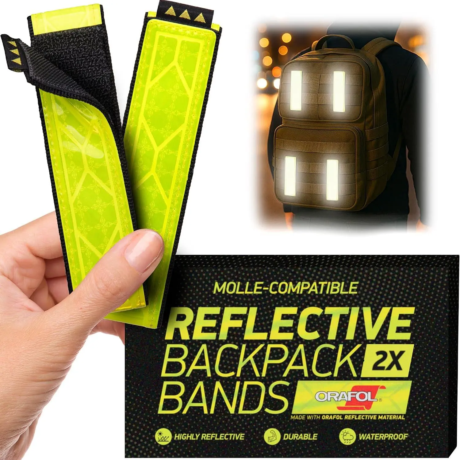 Reflective Backpack Bands | High-Visibility Orafol Reflectors | Hook-and-Loop Closure | 1.2″ x 5″ | 2-Pack