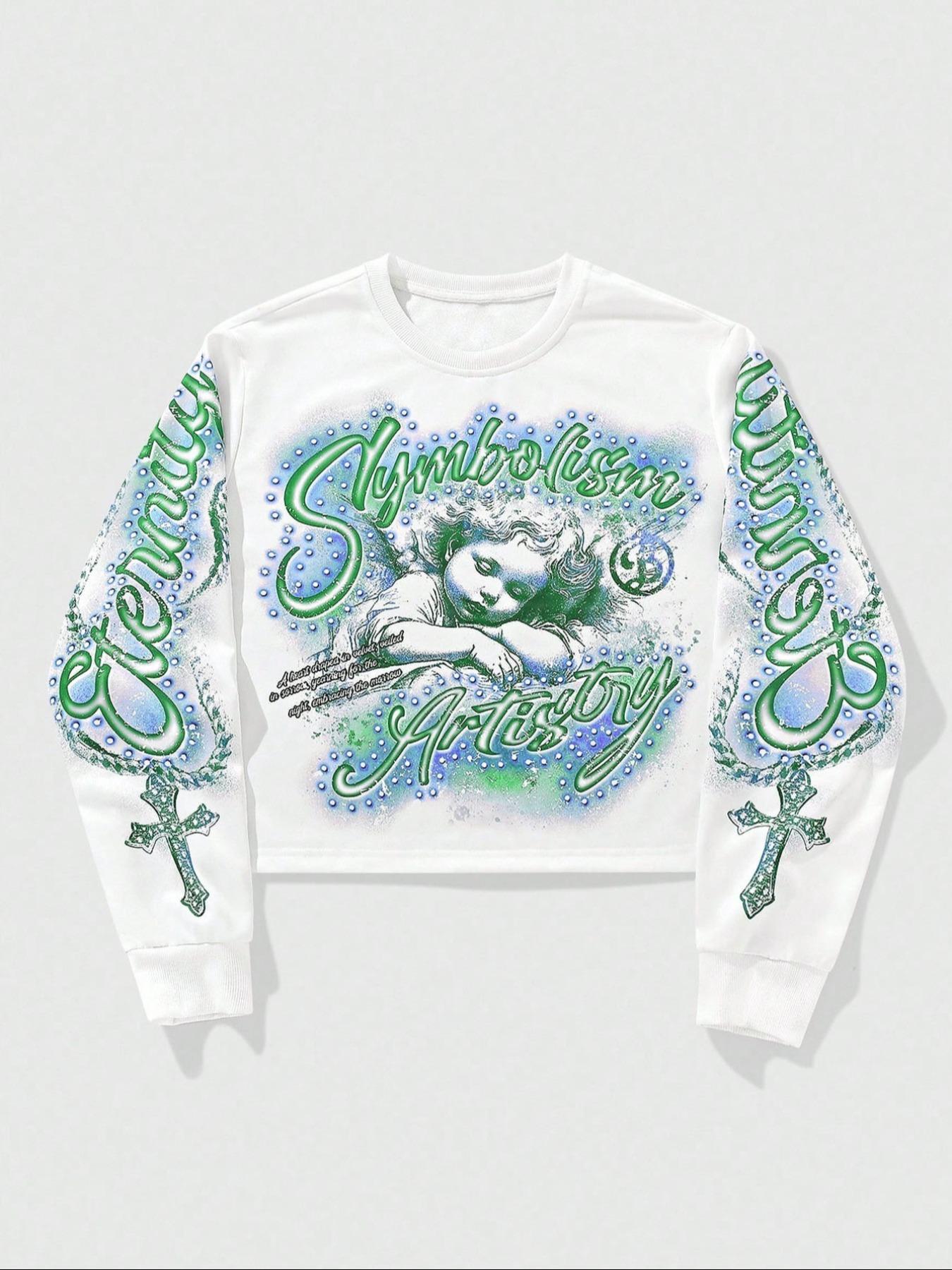 Unisex Streetwear Angel Print Design Sweatshirt, Loose-fitting Casual Long Sleeve Crewneck for Fall & Winter Fashion