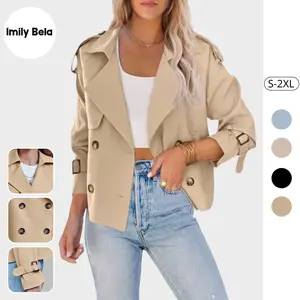 Fessceruna Women Crop Double Breasted Trench Coat Raglan Sleeve Work Office Cropped Jacket With Pockets