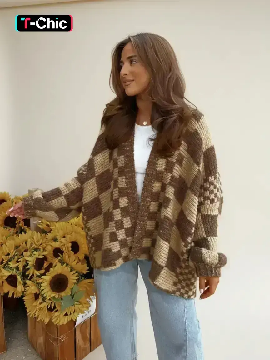 Women's Trendy Checkerboard Knit Cardigan with Lantern Sleeves, Retro Loose Fit Outerwear for Autumn and Winter, Stylish Warm Sweater Knitwear