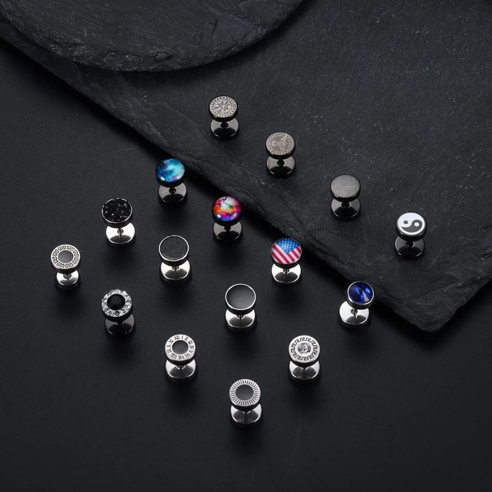 FINREZIO 16 Pairs 316L Stainless Steel Fake Gauges Earrings for Men Women Barbell Stud Earrings Mixed Color Cheater Fake Ear Plugs Faux Gauges Earrings Ear Tunnel Daily
