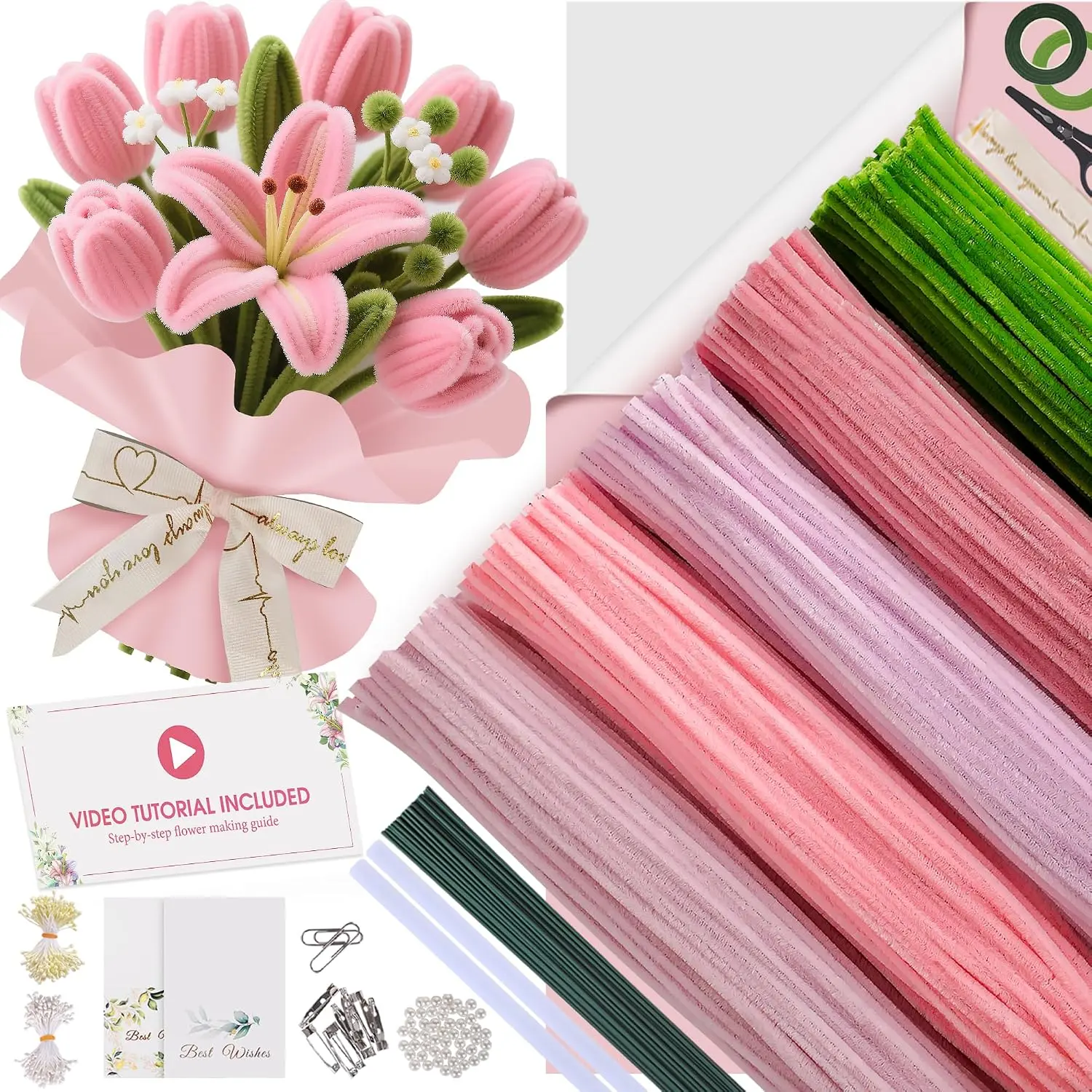 500 count Pipe Cleaners Craft Kit for Flower Making, DIY Bouquet Set with 8mm Chenille Stems, Step-by-Step Tutorial, Floral Wire, Ribbon & Tools for  Gifts and Decor,