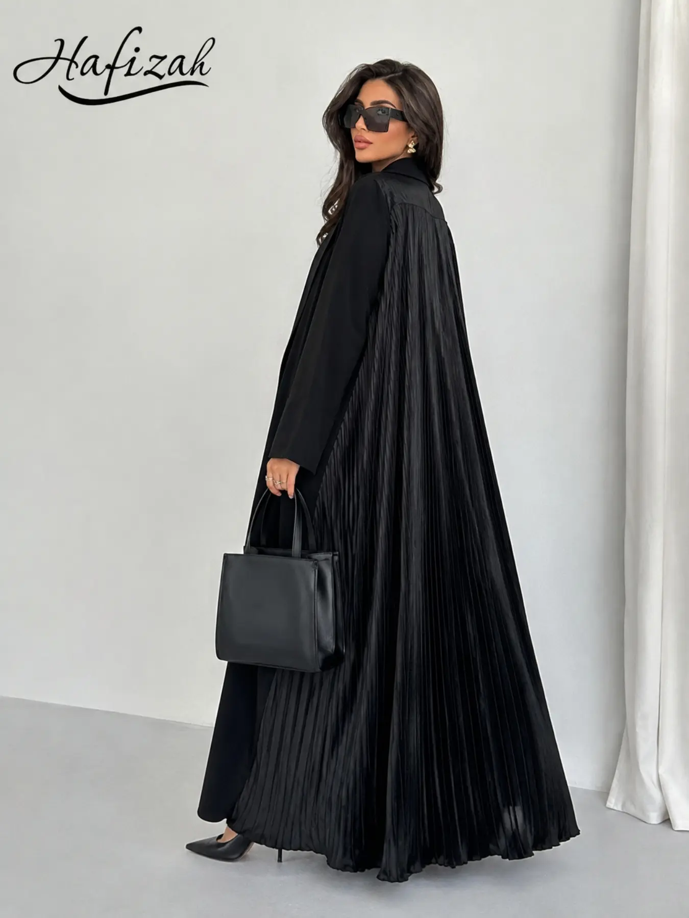 Women's Pleated Backless Open Front Robe, Collared Long Sleeve Elegant Kimono, Muslim Dubai Eid Coat, Flowing Formal Dress