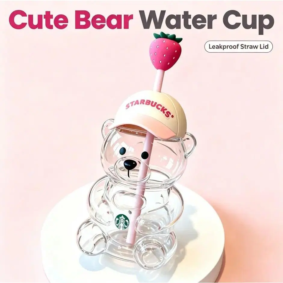 SummerWins  Strawberry Bear  Shaped Glass Cups, Romantic Pink & Green Teddy Bear Glass Mug with Airtight Cap, Decorative Drinking Jar for Valentine’s Party Decor, Engagement, Anniversary Gift, Creative Cocktail & Soda Glassware