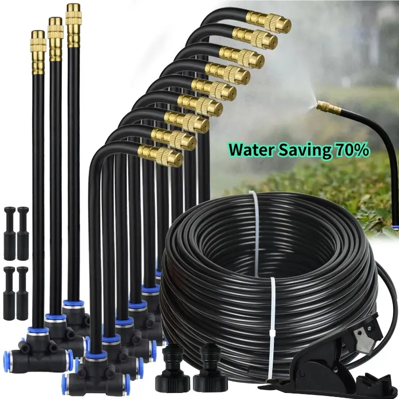 DIY Outdoor Patio Cooling Mist Irrigation System Kit, 984.25-1377.95in Water-Saving All-in-1 Cooling Set with Leak-Proof Tubing, Fog Nozzle Watering Equipment, Easy Installation for Backyard, Greenhouse, Mist Nozzles