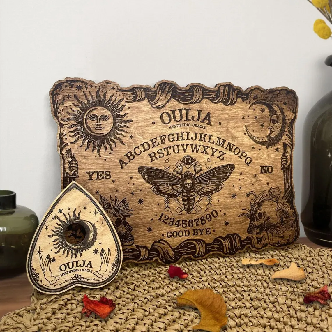 Wooden Gothic Ouija Board with Planchette, Divination Board, Talkin Spirit Board, Witchcraft Decor, Games, Board Games for Family Night, yes no game, Witch Gift, Gift for Family, Spooky Gift, Home Decor, Home Decorations Indoor