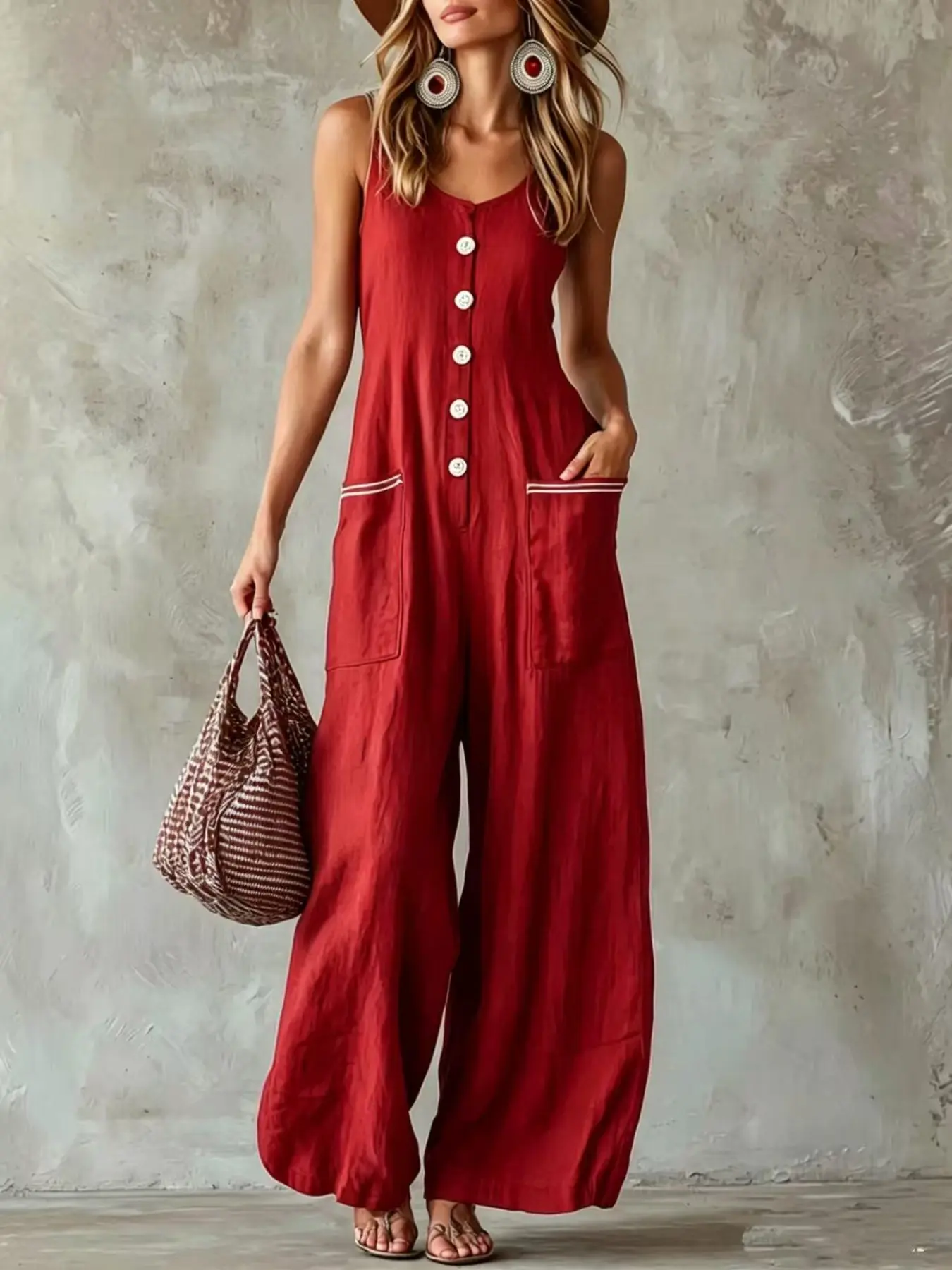 Spring Summer Casual Chic Button Front Pocket U-Neck Sleeveless Solid Color Dress for Women, Comfortable and Stylish Everyday Wear, Perfect for Warm Weather