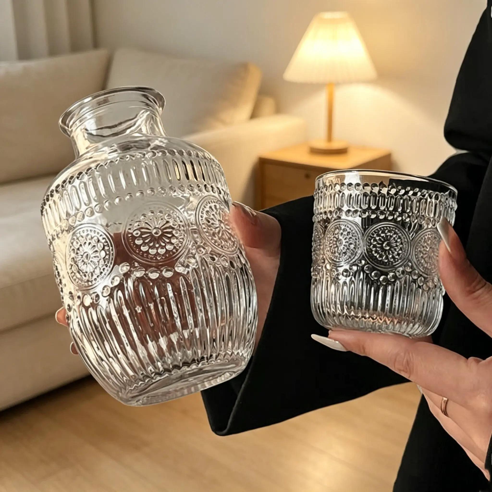 Elegant Glass Nightstand Water Pitcher and Cup Set, Drinkware, Leaf Pattern, Durable Transparent Glass, Modern Home Decor, Office Essentials, Ideal Gift, Durable Glassware