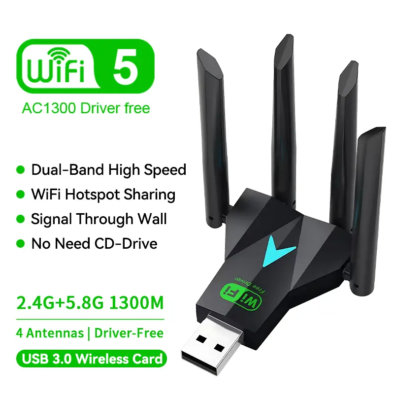 WiFi USB Adapter 1300Mbps Dual Band 2.4G/5GHz with USB3.0 Port 4-Antenna External Wireless Receiver for PC Laptop 802.11AC Compatible with Windows XP - V11 180 - Degree Free Rotation Design Ieee802.11b/G/N, Computer Accessories
