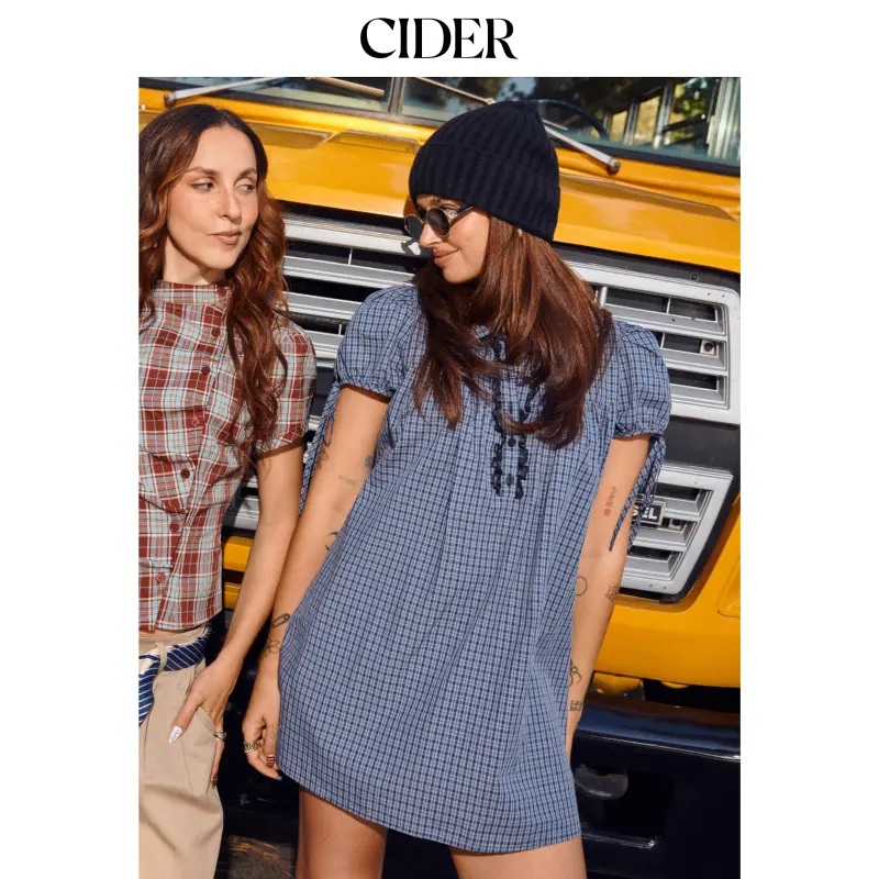 Cider Cotton-blend Peter Pan Collar Plaid Lace Trim Puff Sleeve Knotted Mini Dress SohoChic