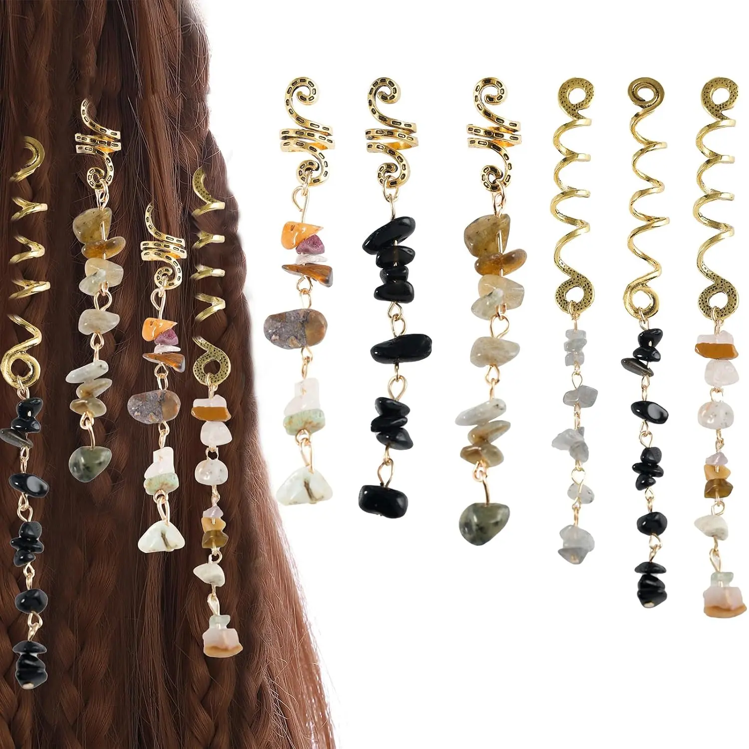 Hair  Dreadlock Accessories, Natura Stone Hair Charms for Braids, Hair Ring  Hair Accessories for Women(Black, pack of 6)
