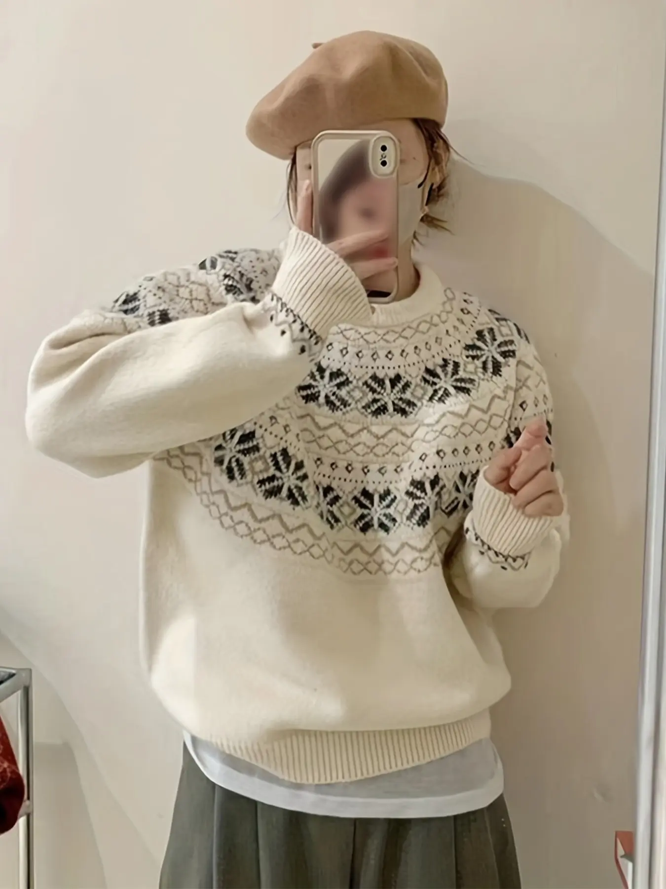 New Nordic Retro Snowflake Knit Sweater, Long Sleeve Round Neck, Loose Fit, Geometric Pattern, Fall & Winter Fashion, Office Wear