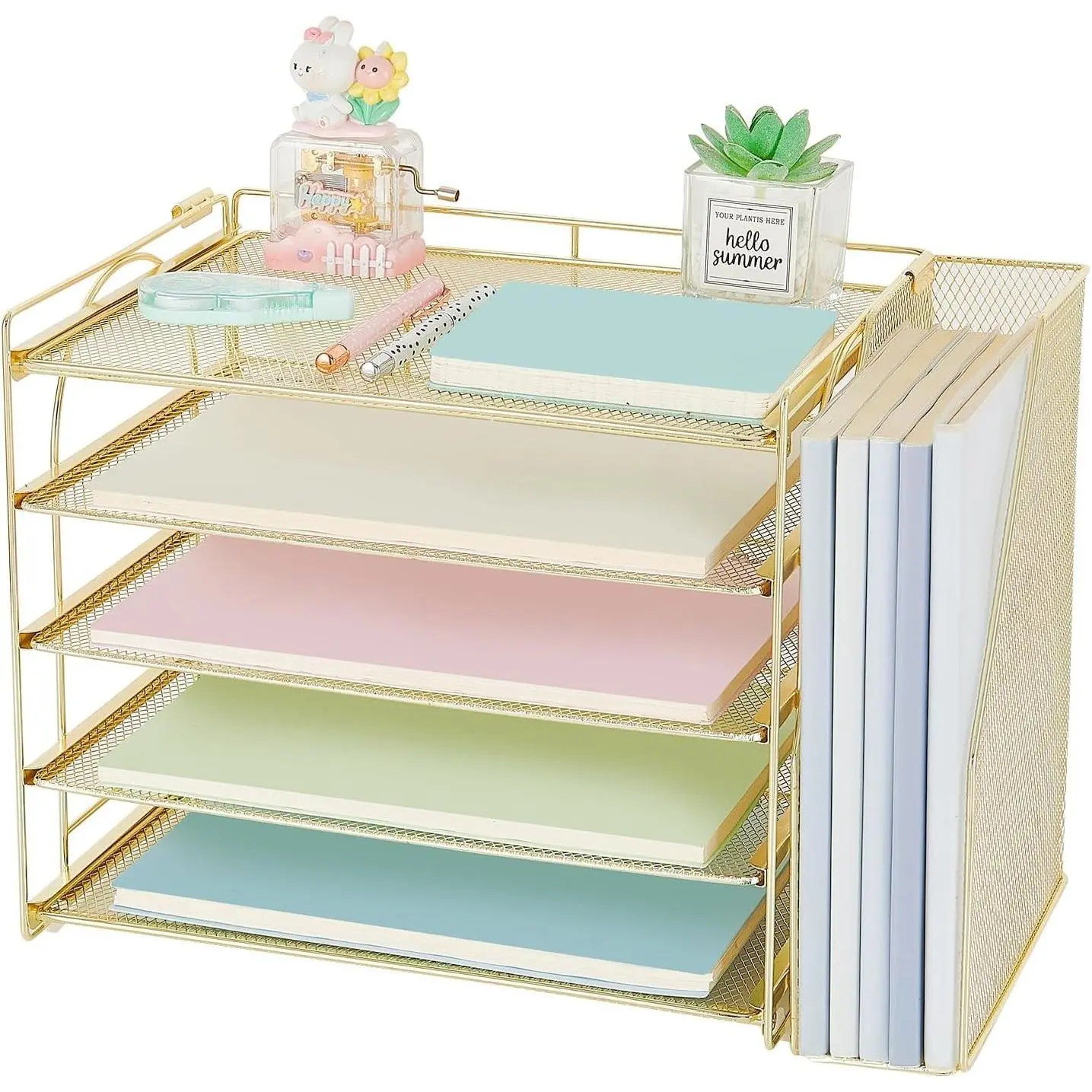 Gold 5-Tier Desktop Paper File Organizer with Removable File Holder, Desk Accessories & Workspace Organization for Home Office Supplies