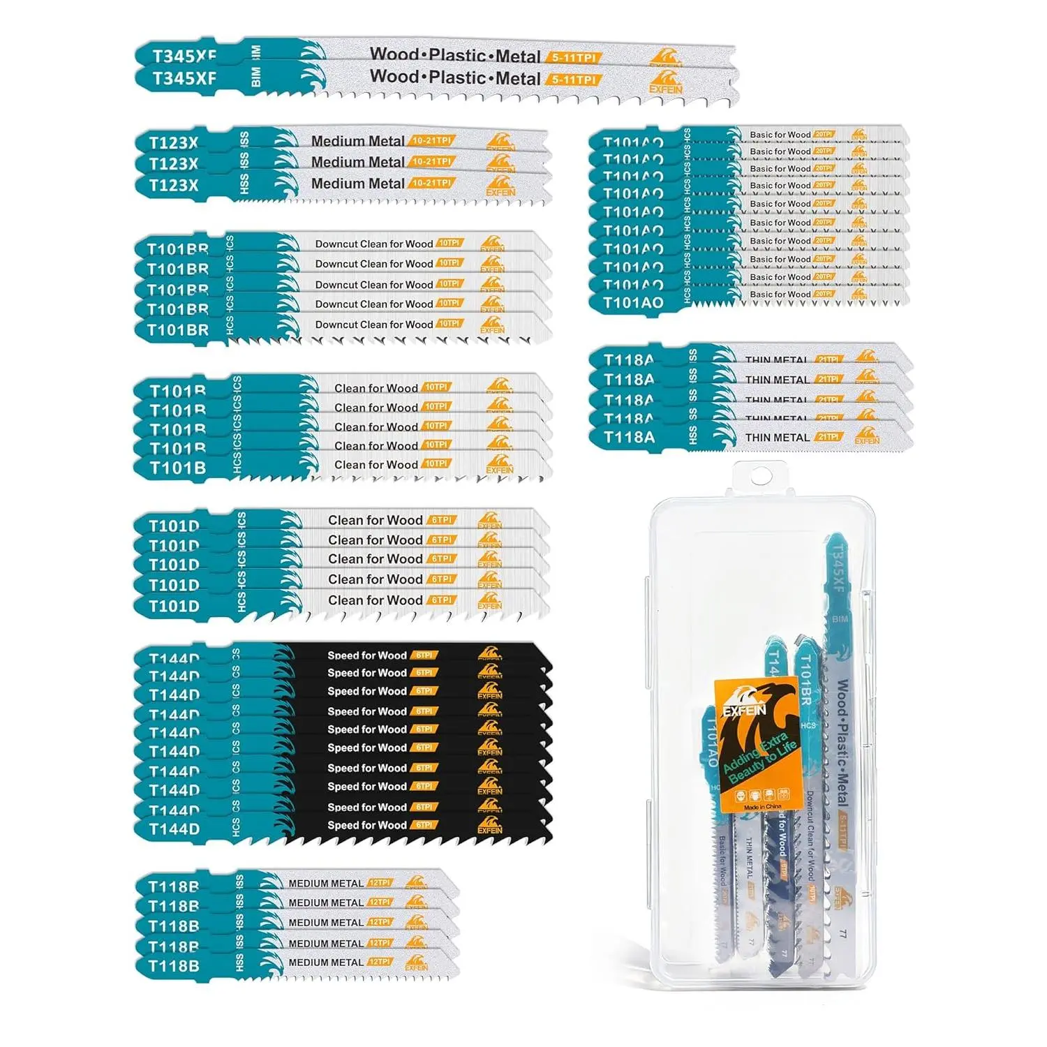 50PCS T-Shank Jig Saw Blades Set, Blades Made with HCS/HSS/BIM, for Wood, and Cutting(T118A,T118B,T123X,T345XF,T101AO,T101B,T101BR,T101D,T144D)