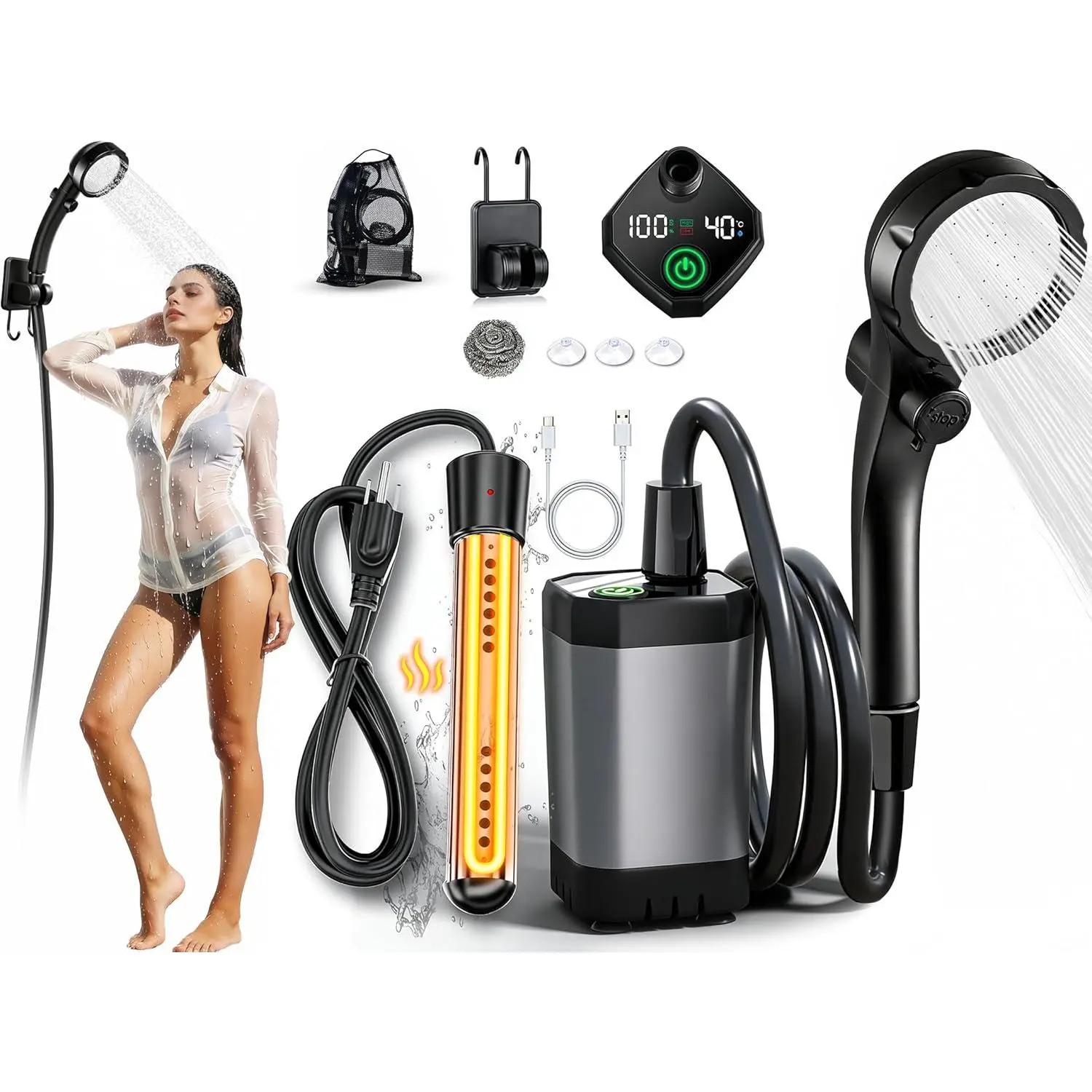 2026 Upgraded Portable Camping Shower with Heater 2000W Camping Water Heater 3 Spray Modes 6000mAh Rechargeable Camping Shower Pump with LED Display Outdoor Heated Camp Shower for Car