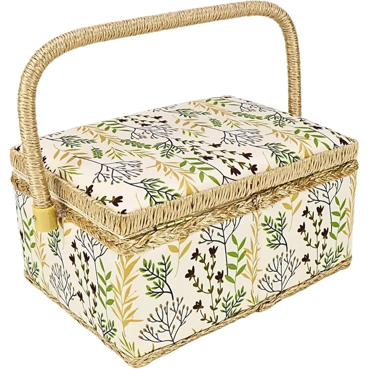 Sewing Basket Large with Complete Sew Accessories Included Wooden Beginners Sewing Kit with Removable Tray Tomato Pincushion for Mending, Beige Leaf