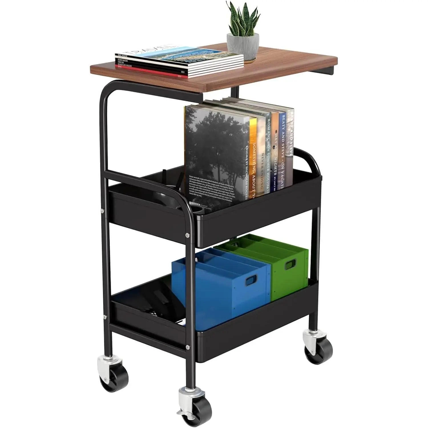 3-Tier Rolling Storage Cart with Waterproof Wood Top, Metal Mesh Utility Organizer Trolley with Lockable Wheels, Mobile Serving Cart for Kitchen Bedroom Office Salon Storage