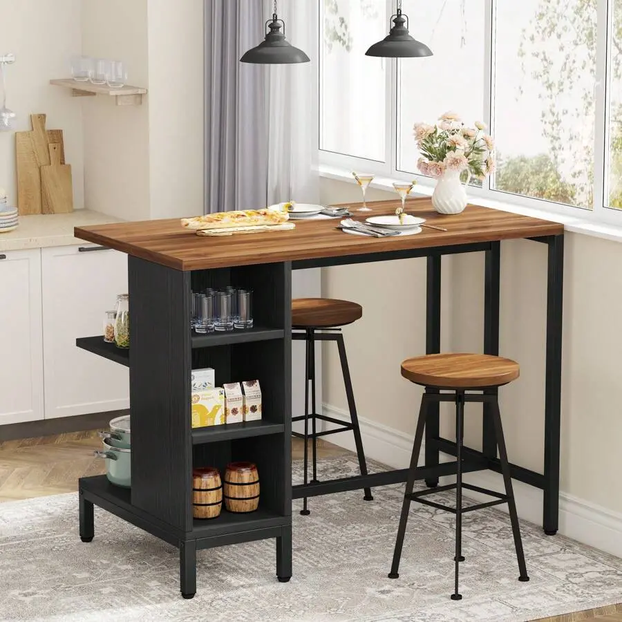 Industrial MDF Wood Butcher Block Island with Steel Frame - 43in Freestanding Prep Table, 5 Open Shelves, Large Worktop, Easy Setup, Single Unit, Assembly Required, Dark Walnut Industrial Home Decor Furniture (Stools Not Included)