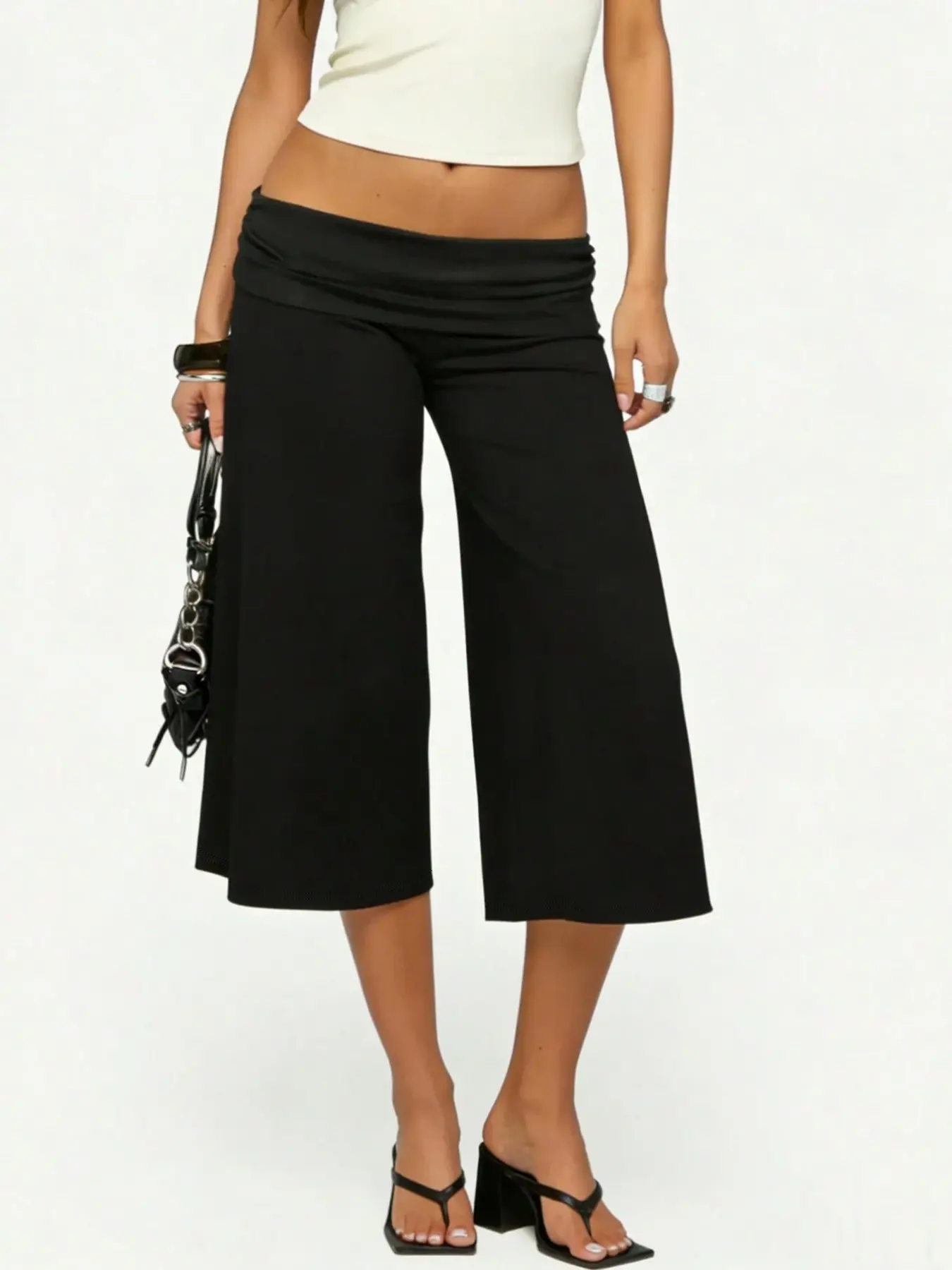 Soft Girl Fold Over Low Waist Stretch Capri Wide Leg Culottes Solid Black Ruched Front Loose Loungewear Stretchy Pants Bottom great for home relaxation casual dinner dates indoor layering and all-day comfy everyday wear