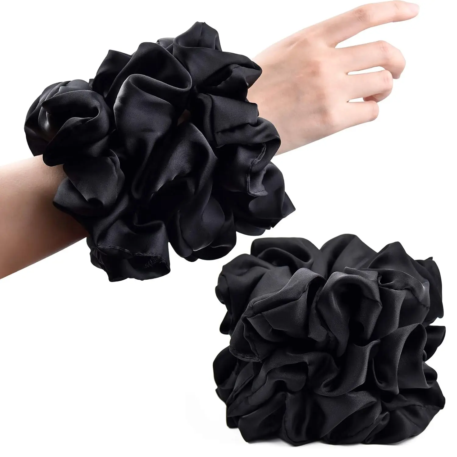 Female 6.3" Full Coverage Oversized Satin Hair Ties, 6-Pack Black Thick Elastic Scrunchies for Daily & Everyday Use