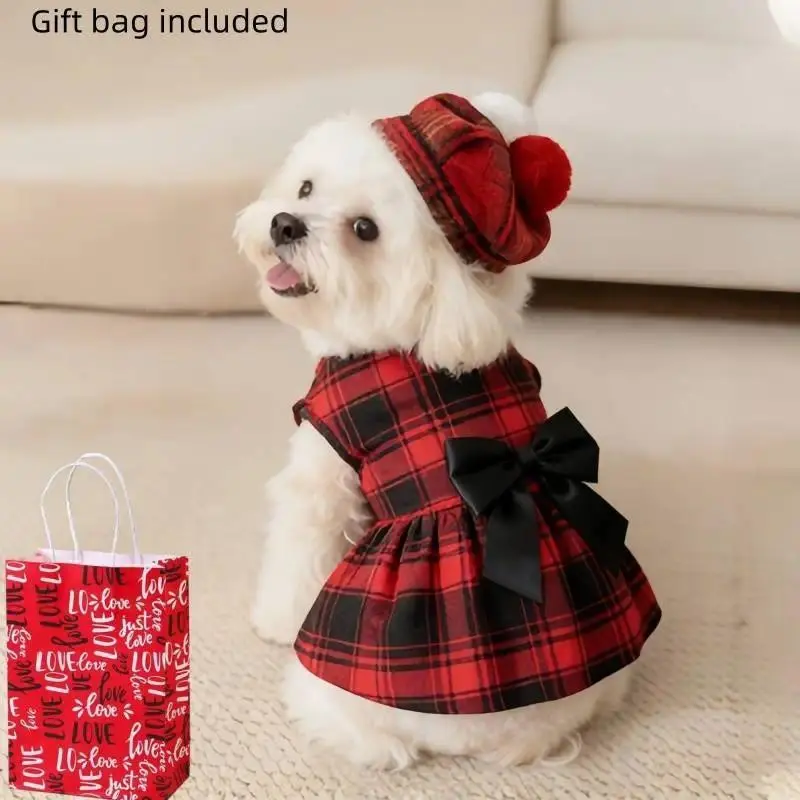 Pet Dog Clothes Plaid Shirt Suit Tie Gown Spring Summer Puppy Coat Teddy Bear Pomeranian Vest Small-Medium Dog Cat Pet Costume