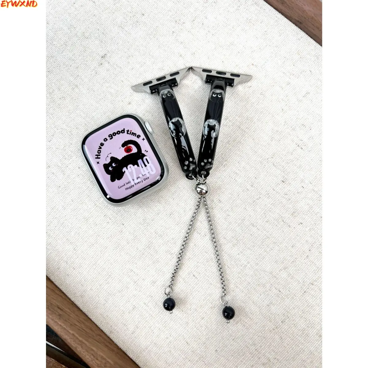 EYWXND Black Glitter Moon Cat Resin Watch Band - Beaded Chain Pull Bangle Strap, Edgy Cute Sports Wristband for Girls' Daily Wear