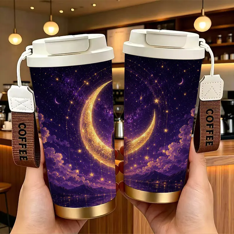 Romantic Couple Sitting On Moon Stainless Steel Insulated Coffee Cup with Double Drink Design， Portable Travel Tumbler with COFFEE Wrist Strap， Reusable Thermal Mug， Perfect Gifts For Birthday Holiday.