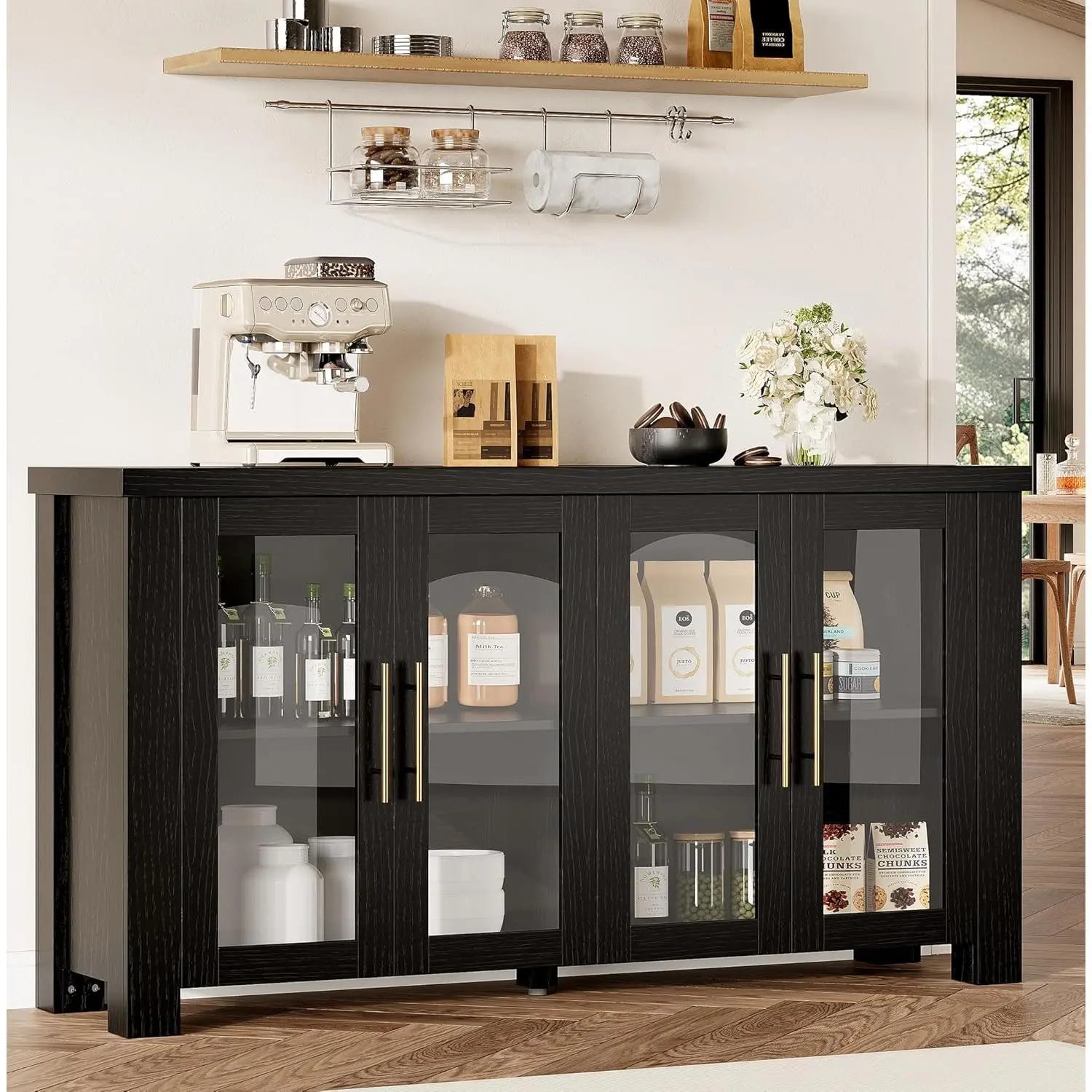 Modern Wood Veneer Buffet Sideboard, Tempered Glass Door Credenza with Adjustable Shelves, 59" Wide Cabinet Serving as TV Stand and Coffee Bar for Dining Room, Kitchen, Living Room