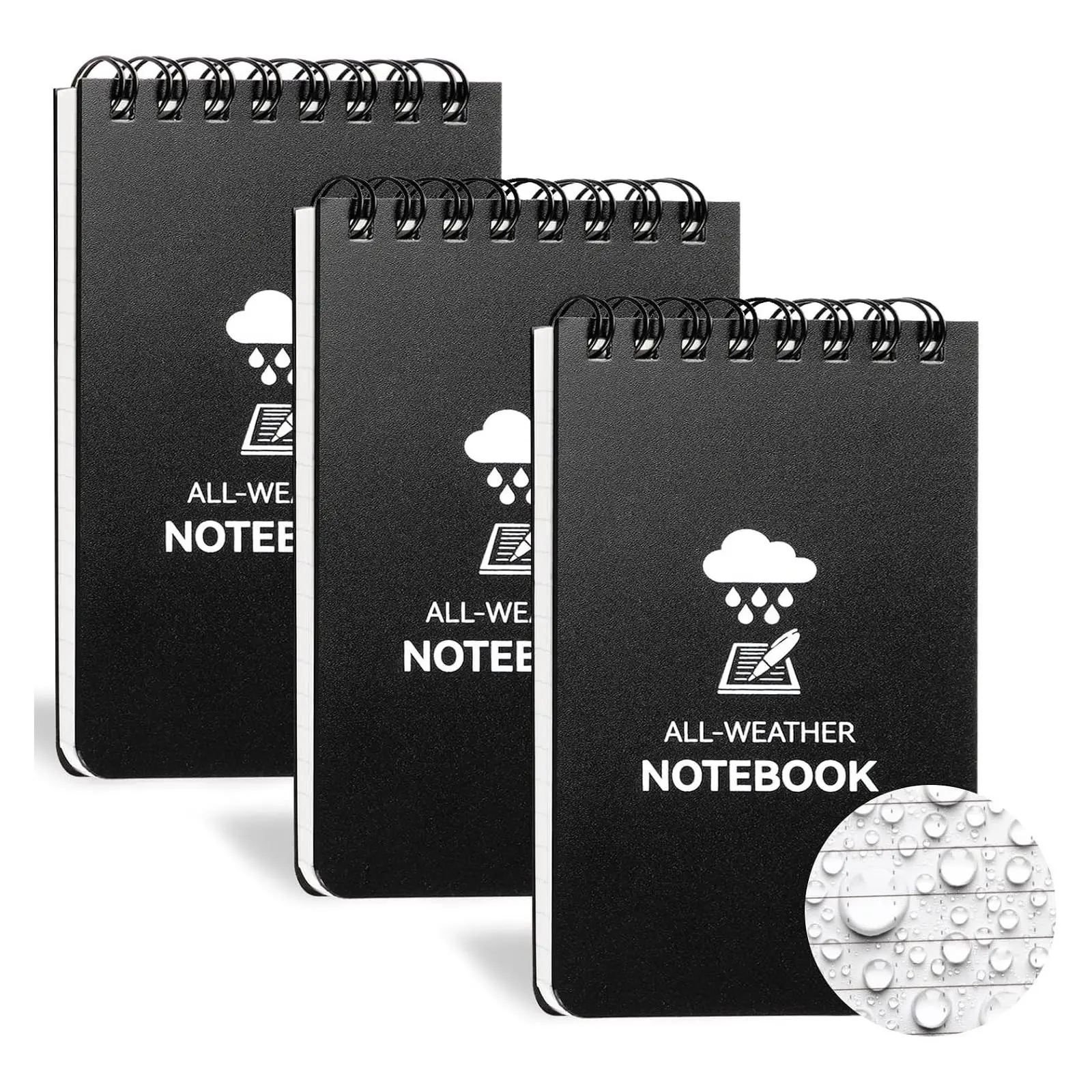 3 Pack Waterproof Pocket Notebook 3x5 - All Weather Mini Spiral Notepad, 100 Lined Pages for Outdoor, Office & Police UseGift