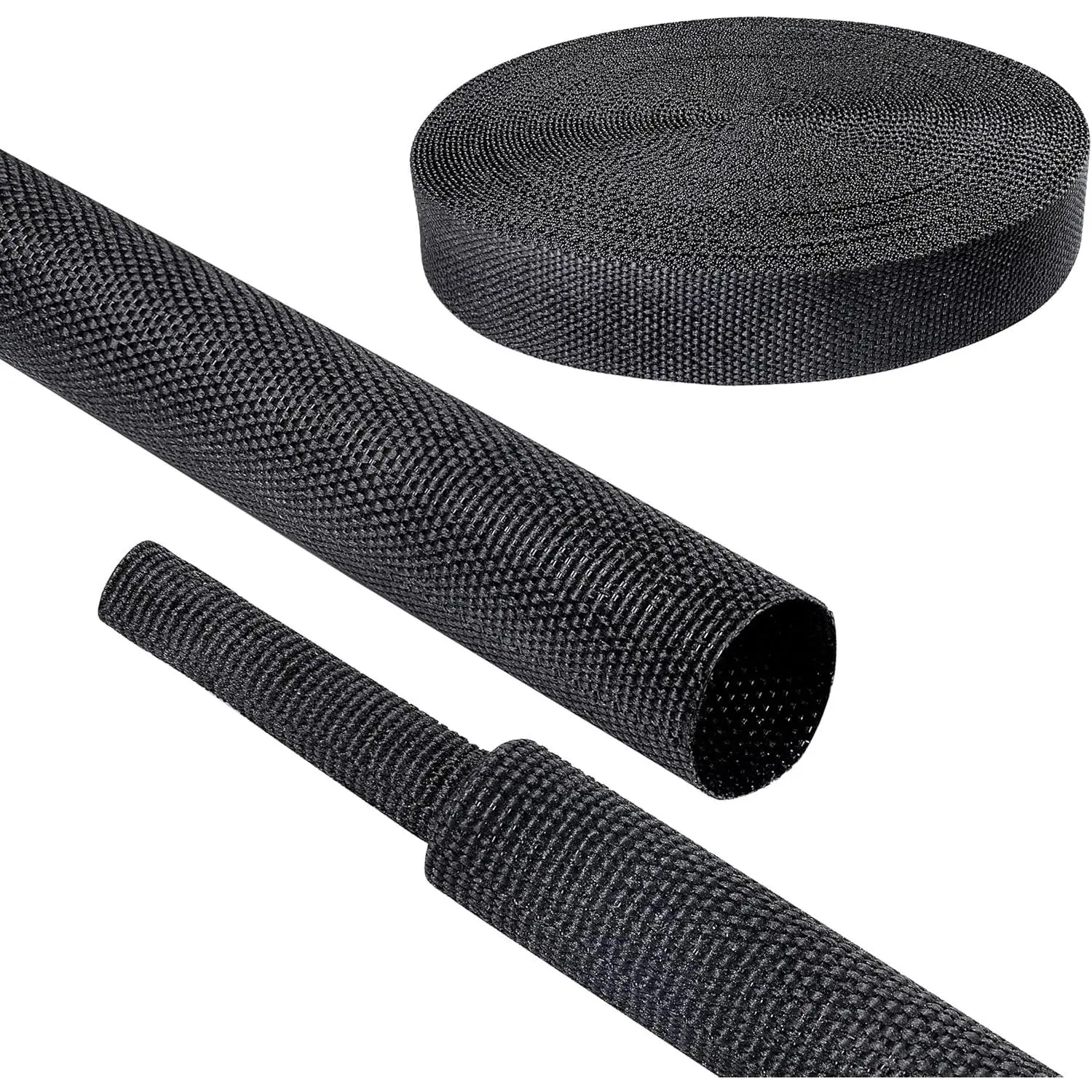 Automotive 2:1 Ratio Black Heat Shrink Braided Sleeving - Wear-Resistant Flat Woven Cable Wrap for Car Wire/Hose Protection, Multi-Size Compatible Shrink Sleeve (1/2"-12ft)