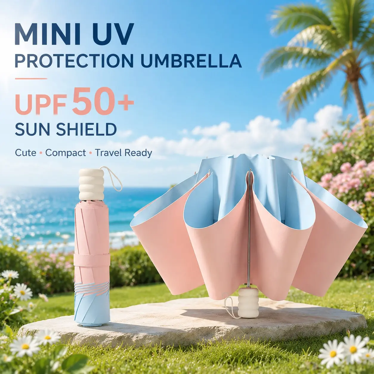 Sun Protection Umbrella for Women, Stylish Compact Reverse Folding Umbrella, Portable Travel Parasol with Pastel Color Design, Lightweight Summer Umbrella for Beach Trips, Outdoor Activities and Everyday Use